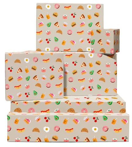 Geschenkpapier Mädchen – umweltfreundlich – 6 Bögen Geburtstagsgeschenkpapier – süßes Smiley-Essen – braunes Geschenkpapier – mit Aufklebern – von Central 23