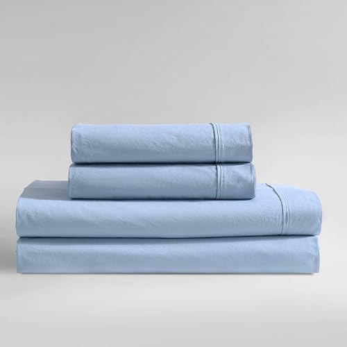 Calvin Klein - Queen Bed Sheets, Relaxed Garment Washed Cotton Percale Bedding Set with Matching Pillowcases, Deep Pockets, Oeko-TEX Certified (Washed Percale Blue, Queen)