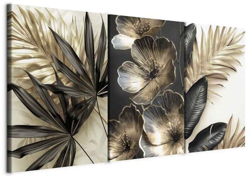 murando - Wandbilder Set 3 tlg Wanddeko Collage 3er 120x60 cm (je 40x60 cm) – Leinwandbild Wohnzimmer Schlafzimmer - Komposition aus Blättern Blüten – dunkle helle Farben b-H-10170-b-a