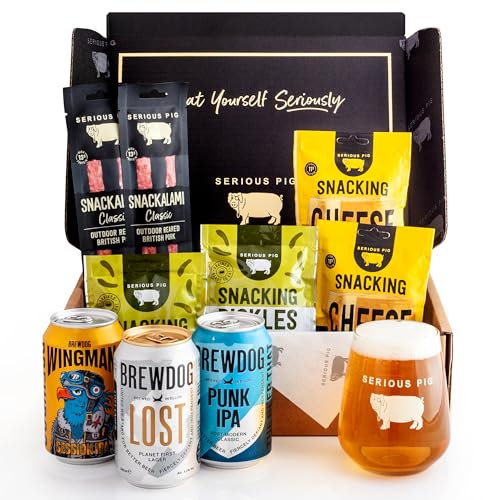 Serious Pig + BrewDog Craft Beer and Snacks Selection Box with Glassware Gift Set (10 Pack)