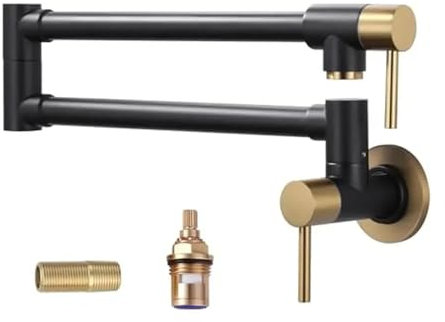 TIEOAXFT Grifo de llenado de ollas de Montaje en Pared de latón, colador de Fuerza Industrial Plegable, retráctil, de un Solo Orificio, Negro Mate y Dorado