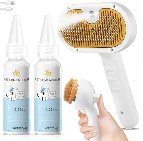 3 in 1 Cat Steam Brush, Grooming & Hair Loss, Hypoallergenic Water Free Steam Brush with Ear Cleaning Wipes for Dogs and Cats