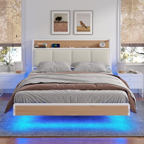 KIMENICH Bett 140 x 190, Bett mit LED-Beleuchtung, Polsterbett 140x190, Schwebender visueller Effekt, Ladestation, Bettgestell mit Lattenrost, für Schlafzimmer, Gästezimmer, Weiß