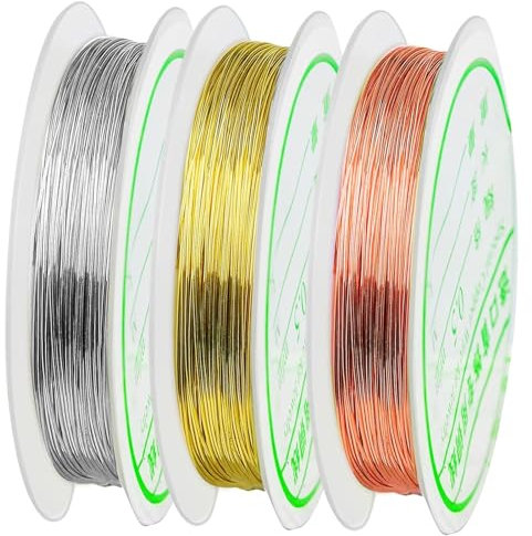 3 Rolls Craft Wire 0.5mm 24 Gauge Silver/Gold/Rose Gold Copper Wire Resistant Jewelry Beading Thread Cord Ring Wire for Craft, Jewellery Making DIY, 20 m/Rolls