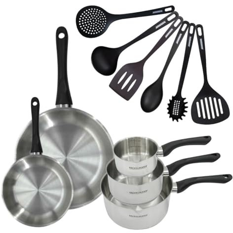 Fackelmann 9444650 Set 2 poêles 20 28 cm 3 casseroles 12 16 20 cm en inox 18/8 et 6 ustensiles, tous feux, induction, sans PFAS, Acier inoxydable 18/8, 12 16 20 28 cm