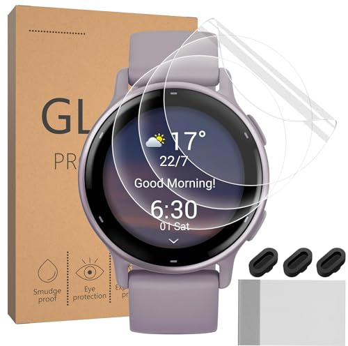 Vancle 3 Piezas Protector Pantalla para Garmin Vivoactive 5 / Vivoactive 6, con 3 Tapones Antipolvo de Silicona, Película Protectora HD Resistente a Arañazos