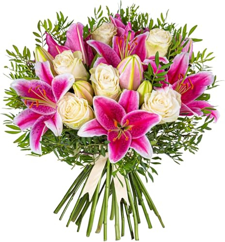 Bouquet fresco di gigli e rose rosa – regalo di compleanno, anniversario, ringraziamento e guarigione (medio)