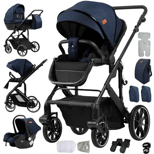 MoLi Kinderwagen 4 in 1, Kinderwagen mit Umkehrbarem Doppelschiebemodus, Buggy mit Großer Bequemer Babywanne, Kombikinderwagen 4 in 1 Rahmen Aluminiumlegierung Faltbar Hohe Landschaft (688 Blue)