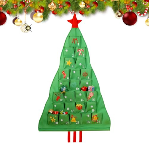 Calendario 'Avvento in tessuto – Borsa riutilizzabile per calendario 'Avvento a forma di albero di Natale, 24 giorni con conto alla rovescia da appendere, decorazione per le vacanze