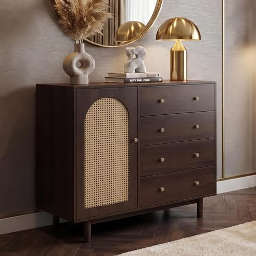 Mendler Kommode HWC-P52 Poly-Rattan MDF Melamin 95x100x40cm - Walnuss-Optik | Schrank, Sideboard, Highboard, Schubladen, Staufächer