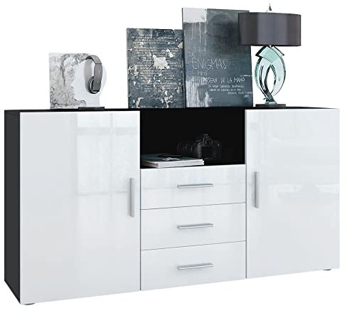 Vladon Sideboard Skadu, Kommode mit 2 Türen, 3 Schubladen und 1 offenem Fach, Schwarz matt/Weiß Hochglanz (138,5 x 71,5 x 35 cm)