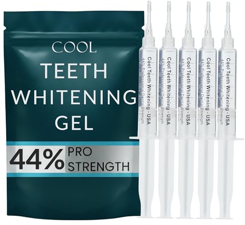 Teeth Whitening Gel for Trays – Pro Strength 44% Carbamide Peroxide, 5 Syringes (50 Uses) + 2 Trays, Enamel Safe Teeth Whitener, Removes Coffee, Wine & Tobacco Stains, at-Home Pro Whitening Kit