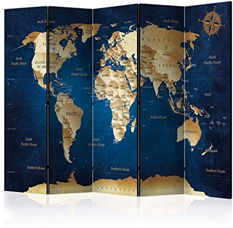 decomonkey Paravent Raumteiler Innen Weltkarte 225x172 cm 5 Teilig Einseitig Room Divider Wall Raumteiler Stehend Trennwand Sichtschutz Spanische Wand Sichtschutzwand Wohnzimmer Holz