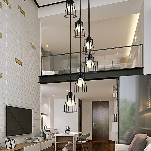 6 luces araña retro LED E27, 30*150cm, escalera lámpara industrial colgante de luz negro, Duplex lámpara escalera de caracol piso para sala de estar, hierro forjado sombra, bombillas incluye