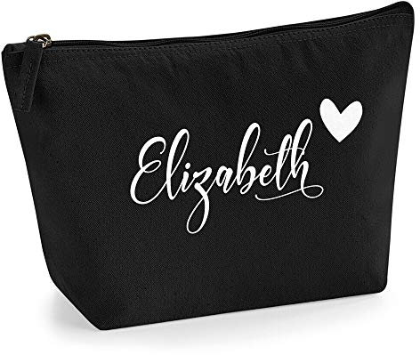 Personalisiert Name Initialen & Herz Kosmetiktasche Damen Schminktasche für Handtasche Makeup Tasche - Glitter oder Flocke Material Druck - Weiße Flocke - L | Schwarz