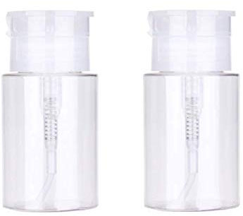 LASSUM 2 Pieces 3.5 oz (100ml) Plastic Pump Dispenser Empty Bottle,Push Down Nail Polish Remover Pumping Bottle Dispenser with Flip Top Cap