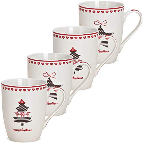matches21 - Tazas de café de Navidad, porcelana, diseño de árbol y estrella, color rojo y negro y asa, juego de 4 unidades, 275 ml