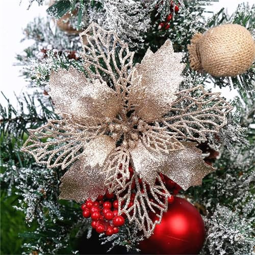 GLITZFAS 12 Stück Glitter Weihnachtsbaum Dekoration, Weihnachtsbaumschmuck Ornament Weihnachten Blumen Dekor, Christbaumanhänger (Champagner,9 cm)