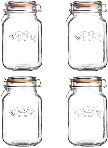 Kilner Square Clip Top Jar Set of 4, 1.5 Litre (1500ml) Airtight Glass Jars for Preserving Pickling and Pantry Storage BPA-Free Durable