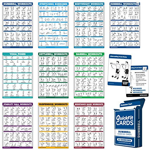 10 Pack: Exercise Workout Poster Set - Dumbbell Volume 1 & 2, Suspension, Kettlebell, Resistance Bands, Stretching, Bodyweight, Barbell, Yoga Poses + Dumbbell Exercise Cards