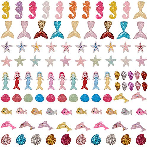 SUNNYCLUE 100StückE 10Stile Sommer Meer Thema Harz Flatback Cabochons Meerjungfrau Seestern Muschel Delphin Wal Seepferdchen Schleimperlen Charms Für DIY Telefon Dekor Sammelalben Verzierungen