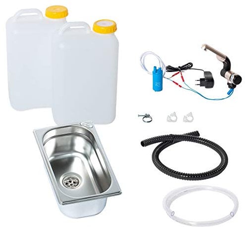 230V Wasseranlage Imbisswagen Verkaufsanhänger Campingküche Bausatz Spüle 265x160x100 + Wasserhahn Barwig Chrom Wasserkanister 19 Liter (ad-ideen)