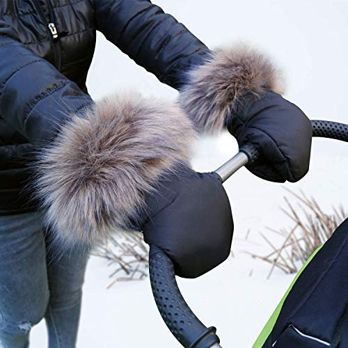 Baby-Joy Kinderwagen-Handschuhe mit Kunstfell, Wetterfeste Handwärmer mit Magnetverschluss, 2 Stück | Farbe: 26 Khaki Olivgrün