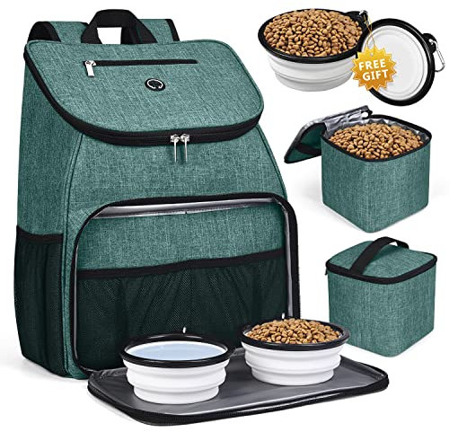 BAGLHER丨Dog Travel Bag,Airline Approved Pet Supplies Backpack,Dog Travel Backpack Accessories Set with 2 Silicone Collapsible Bowls and 2 Food Baskets. Green
