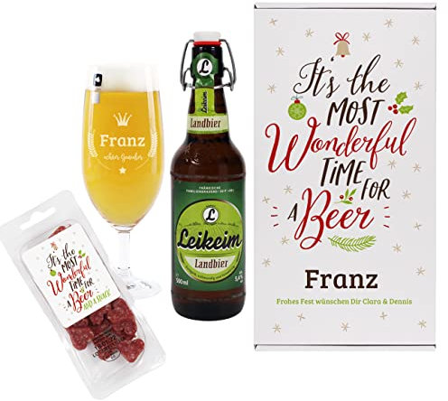 Herz & Heim® Bier Geschenkset zu Weihnachten mit Pilstulpe, Salami Herzen, Bierflasche und Geschenkbox, personalisiert