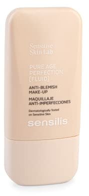 Sensilis - Pure Age Perfection Fluid, Fond de Teint Haute Couvrance, avec Zinc PCA, Niacinamide et Céramides, Hydrate, Répare et Traite, pour Peaux Grasses et Acnéiques, Teinte Beige Doré - 30 ml