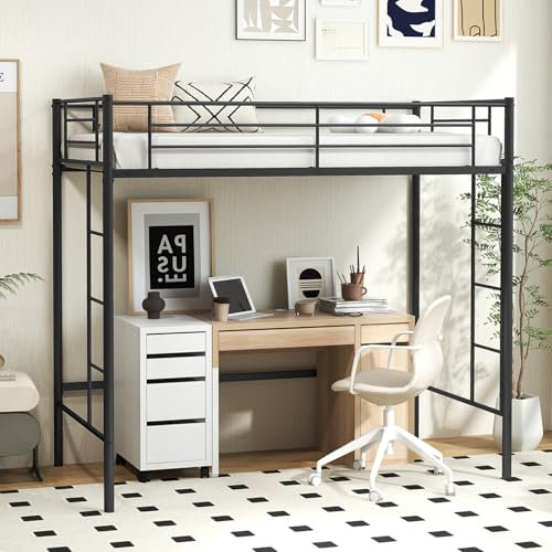 COSTWAY Metal Bunk Bed, 2 Ladders Loft Bed Frame with Safety Guardrail, Home Bedroom Furniture Space-Saving Single High Sleeper for Kids, Teens and Adults (196 x 98 x 184cm, Black)