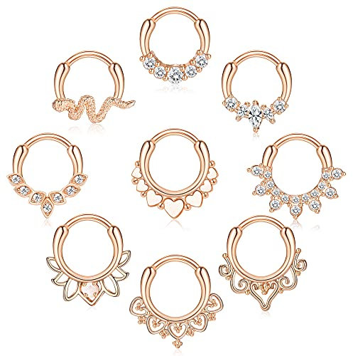 Kakonia 9 Stücke Septum Schmuck 16G Daith Ohrringe Hinged Hoop Nasenringe 316L Edelstahl Septum Clicker CZ Ringe für Frauen Knorpel Helix Tragus Rook Hoop Daith Ohrringe 8MM Roségold