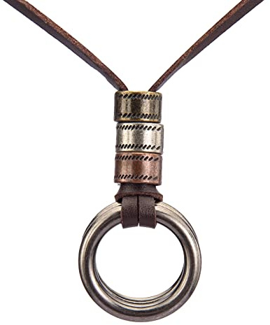 Popeoiuh Leather Cord Necklace - Double Rings Pendant Necklace Alloy Vinatge Pendant Necklace for Men Women with Adjustable Brown Leather Chain