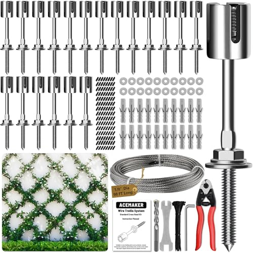 Acemaker Drahtspalier für Kletterpflanzen im Freien, 20 Set Wanddraht, Rankhilfe Kit mit 0,3 cm x 29,9 m Edelstahlkabel & Schneider, T316 Spaliersystem für Zaun und Garten DIY-Projekte