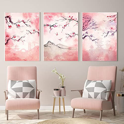 Japonais Sakura Poster Prints Rose Aquarelle Cerisier Fleur 3 Pièces Toile Peinture Mur Art Image Esthétique Salon Décoration 40Cmx60Cmx3Pcs Sans Cadre