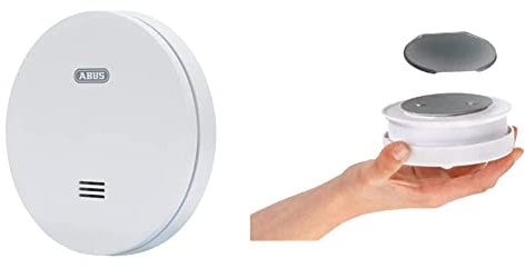 ABUS Flacher Rauchmelder RWM160 - mit 10-Jahres-Batterie - Q-Label und DIN EN 14604 geprüft - Blinken bei Nacht reduziert - Weiß & UNITEC Magnethalterung für Rauchmelder stoßfest | 65 mm Durchmesser