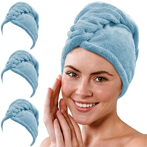 Gräfenstayn Set de 3 Toallas de Microfibra con 2 Botones - Toalla para Cabello Corto y Largo, Botón Turbante de Secado Rápido y Absorbente (Azul Claro)