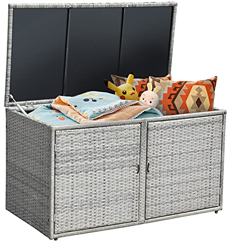COSTWAY Baúl de Almacenamiento 335L, Arcón Exterior, Caja de Almacenamiento de Ratán, Cubierta y 2 Estantes,115 x 60 x 65 cm, Marco de Acero (gris)