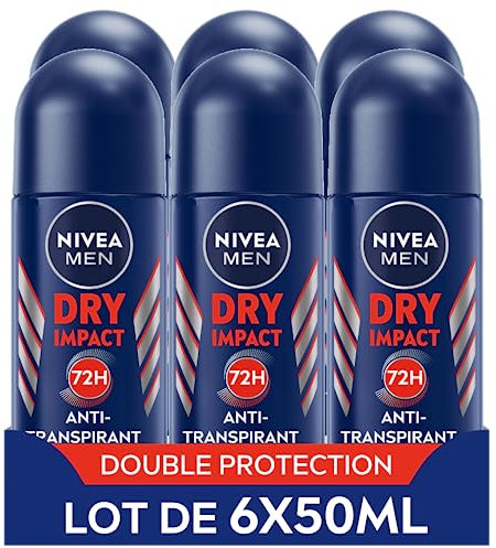 NIVEA MEN Déodorant anti-transpirant Dry Impact (lot de 6 x 50 ml), Déodorant bille pour homme sans alcool, Antitranspirant protection 72 H