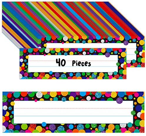 40PCS Traditional Manuscript Name Plates, Confetti Desk Name Tags with Double Sided PET Film Student Name Labels Erasable & Reusable Desk Nameplates for School Classroom Organization (10” x 2.8”)