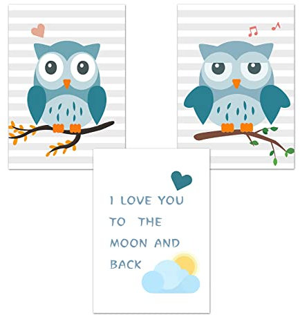 CULASIGN 3er Set Blaue Eule Poster, Niedliche Eule Bilder, Babyzimmer Deko Wandbilder Deko Bilder Kinderzimmer Mädchen und Jungen (40x50cm)