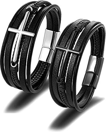 JSDDE Prächen Lederarmbänder Leder Armband Kreuz Armreif mit Edelstahl Magnetverschluss Geflochtenem Partnerarmbänder Freundschaftsarmband Damen Herren Schmuck