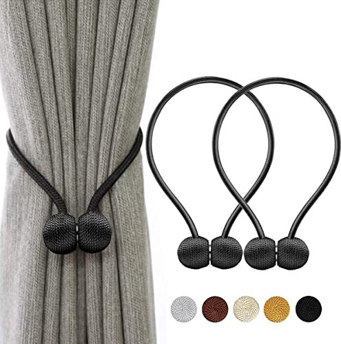 TopHomer Lot de 2 Embrasses Rideaux Magnétiques – 10 Couleurs, Corde Polyester Reinforcée – pour Salon, Chambre, Salle à Manger & Salle de Bain (Noir)