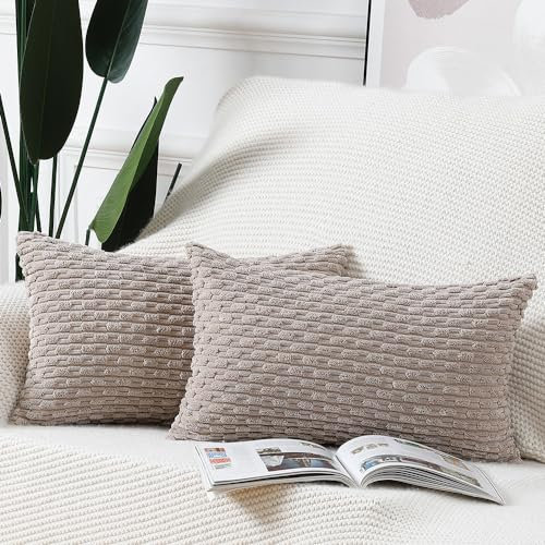Madizz 2er Set Boho Gestreifte Kissenbezüge Weicher Kord Dekorativer Kissenbezug für Schlafzimmer Sofa Kissenhülle Taupe 40 x 60 cm