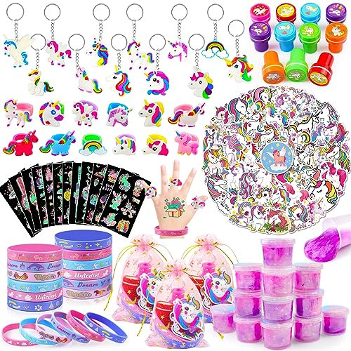 Moltby 134 Pezzi Gadget Unicorno Compleanno Bambina - Unicorno Borse da Festa Portachiavi Adesivi Tatuaggi Sacchetti Regalo Regalini Compleanno Unicorno Festa Bambina Regalo