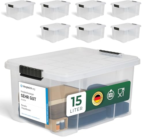 Novaliv 8x Aufbewahrungsboxen mit Deckel 15L transparente Nestbar stapelbare Storage boxes mit Clipverschluss Kunststoffbox BPA-frei 41 x 29 x 20 cm