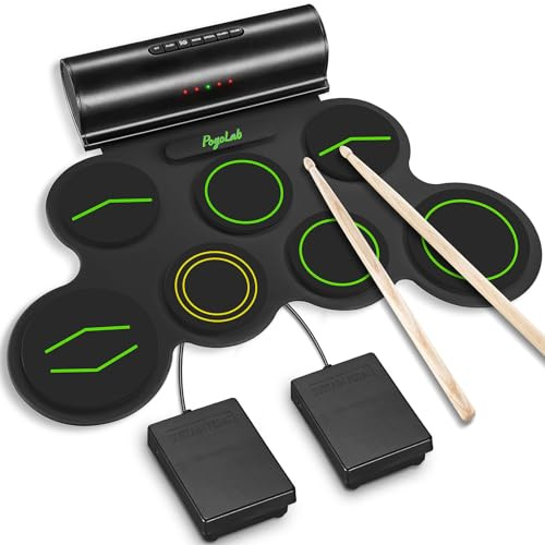 POGOLAB Kit de batterie électronique, 7 pads Roll Up pour batterie électrique, avec fonction sans fil, batterie midi portable rechargeable avec haut-parleur/pédales/prise casque