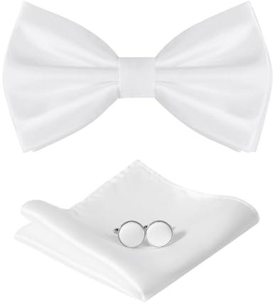 HOULIFE Fliege Herren Set - Verstellbare Fliege aus Satin Polyester Vorgebunden Fliege, einfarbige Einstecktuch, Manschettenknöpfe Set für Bräutigam Hochzeit mit Geschenkbox, Weiß