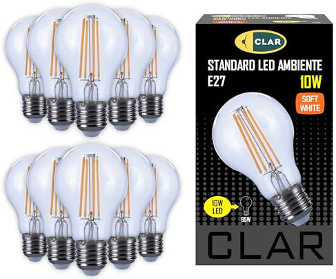 CLAR - E27 LED Vintage, LED Filament E27, Retro Glühbirne, Warmweib 2700K, 10W (Pack 10)