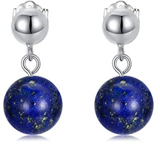 Blau Lapis Lazuli Ohrringe 925 Sterling Silber 8mm Beaded Runde Ball Baumelnde Ohrhänger